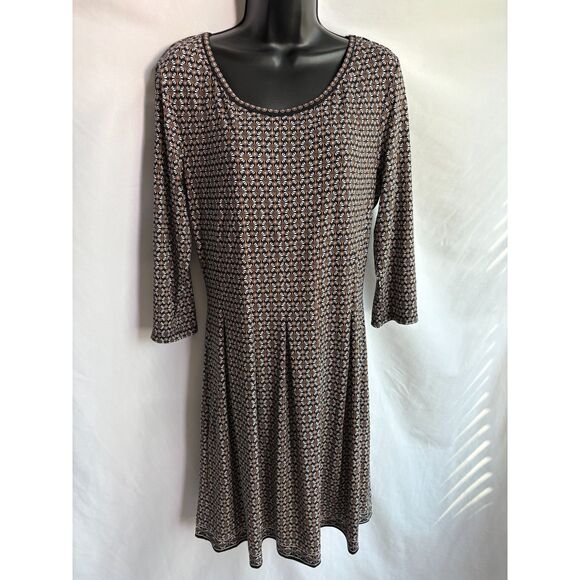 Max Studio 3/4 Sleeve Fit Flare Brown Floral Pleated Dress Size L Feminine Girly - Picture 1 of 10